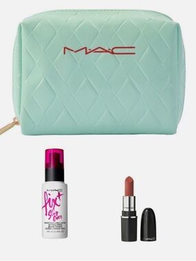 MAC Makeup Pouch 6x4.5x2.5 +MAC Warm Teddy Lipstick & MAC Fix+ Stay Over